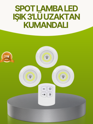 Uzaktan Kumandalı 3 Lü Kablosuz Led Spot Lamba Seti Yapışkanlı Pratik Kullanım