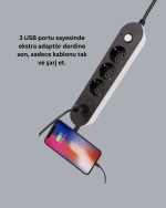 Hızlı Şarj Özellikli 3 USB Girişli Üçlü Priz - Görsel 5