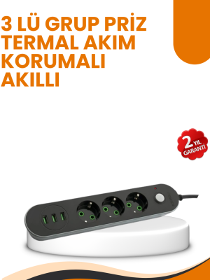 2 Metre Kablolu 3 USB Portlu Anahtarlı Üçlü Priz