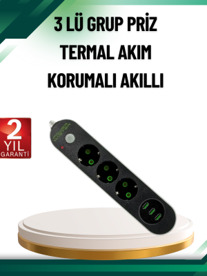 Akım Korumalı Anahtarlı USB Girişli Üçlü Priz