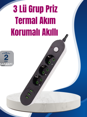 3 USB Çıkışlı Hızlı Şarjlı Anahtarlı Üçlü Priz