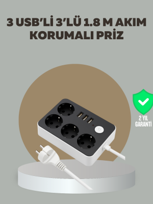 4 Prizli 3 USB Portlu Anahtarlı Akım Korumalı Priz