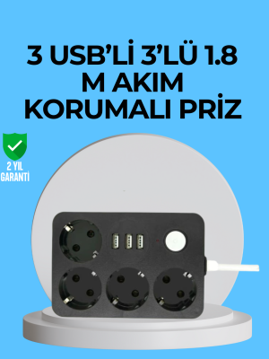 3 USB Çıkışlı 4’lü Akıllı Priz 2500W 2 Metre Kablo