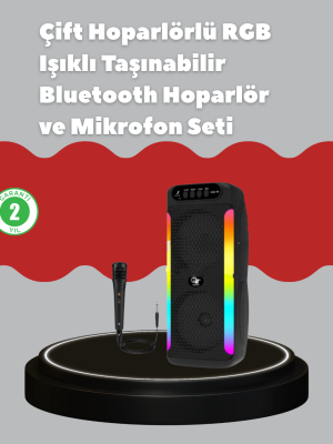 Çift 4 inç Hoparlörlü RGB Işıklı Bluetooth Ses Sistemi