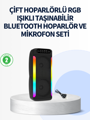 RGB Işıklı Çift Hoparlörlü Taşınabilir Bluetooth Speaker ve Mikrofon