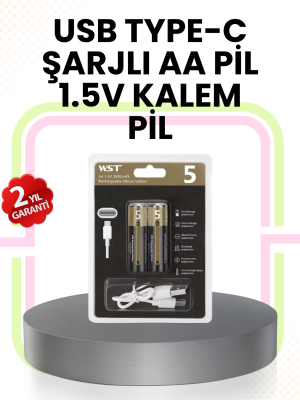 Tekrar Şarj Edilebilir AA USB Type-C Pil | 1000+ Döngü | 1.5V Sabit Voltaj