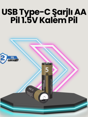 Yüksek Performanslı AA USB Şarjlı Lityum Pil | 1.5V Sabit Güç | 2’li Paket