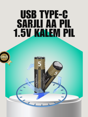 1.5V AA Şarjlı Lityum Pil | 1000+ Kez Şarj Edilebilir | Hızlı Type-C Şarj (2 Adet)