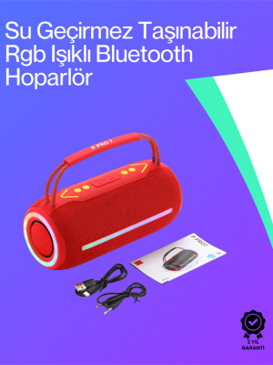 360 RGB LED'li Taşınabilir Bluetooth Hoparlör – Kırmızı, USB/TF Destekli