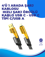 65W 4'ü 1 Arada Çoklu Şarj Kablosu – USB-C, USB-A, Lightning, Veri ve Şarj Desteği