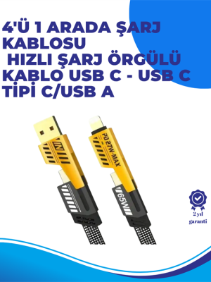 65W 4'ü 1 Arada Çoklu Şarj Kablosu – USB-C, USB-A, Lightning, Veri ve Şarj Desteği