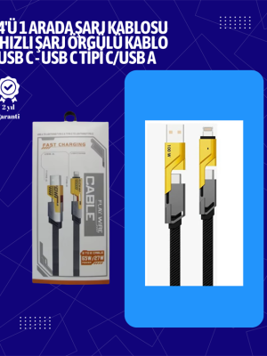 USB-C ve Lightning Uyumlu 4'ü 1 Arada Kablo – 65W Hızlı Şarj, Örgülü Dayanıklı Yapı
