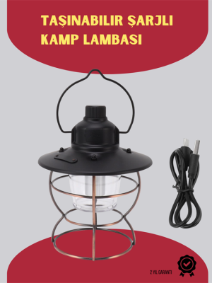 USB Şarjlı Retro LED Kamp Feneri – 4 Işık Modu, Su Geçirmez, Taşınabilir