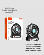 Mini Vantilatör Masaüstü – USB Girişli, Şarjlı, 3 Kademe, Sessiz Motor, Işıklı - Görsel 3