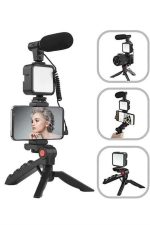 Tripod Telefon Tutucu Kumandalı Mikrofon Led Işık Vlog Video Kayıt - Görsel 3