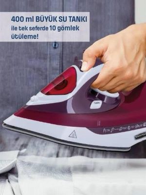 Yeni Nesil Kırmızı Buharlı Ütü 2200 Watt Seramik Tabanlı Yüksek Buhar Gücü