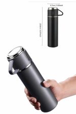 Termos Paslanmaz Çelik Termos Siyah Renk 3 Bardaklı Termos Seti - Görsel 5