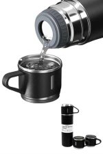 Termos Paslanmaz Çelik Termos Siyah Renk 3 Bardaklı Termos Seti - Görsel 4