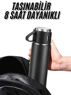 Termos Seti 3'lü Bardak Seti Isı Dayanıklı Siyah Paslanmaz Çelik Vakumlu