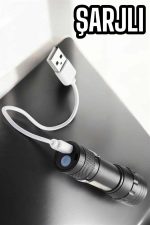 Şarjlı Metal Zoomlu El Feneri Işıldak Led Işık Taşınabilir El Lambası - Görsel 4