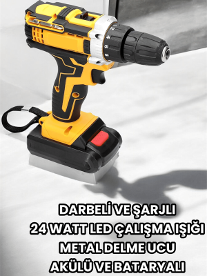 Metal Dişli 24W Akülü Matkap -Çift Bataryalı ve LED Çalışma Işığı ile Tam Set