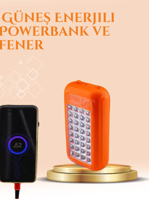 Gold Silver Güneş Enerjili Powerbank Işıldak – 10000 mAh, Taşınabilir, Suya Dayanıklı, 32 LED