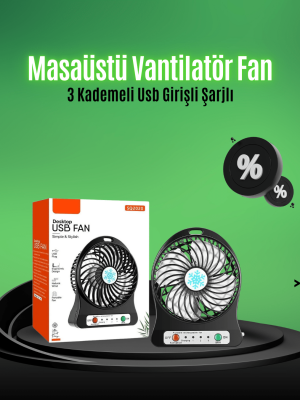 Mini USB Fan – Şarj Edilebilir, Işıklı, 3 Kademe, Taşınabilir Masaüstü Vantilatör