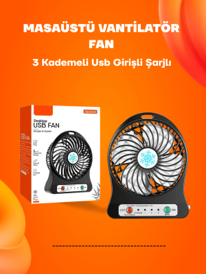 Mini Vantilatör Masaüstü – USB Girişli, Şarjlı, 3 Kademe, Sessiz Motor, Işıklı
