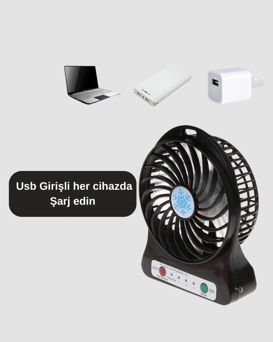1214393_7-8.png Mini Vantilatör Masaüstü – USB Girişli, Şarjlı, 3 Kademe, Sessiz Motor, Işıklı - Görsel 2