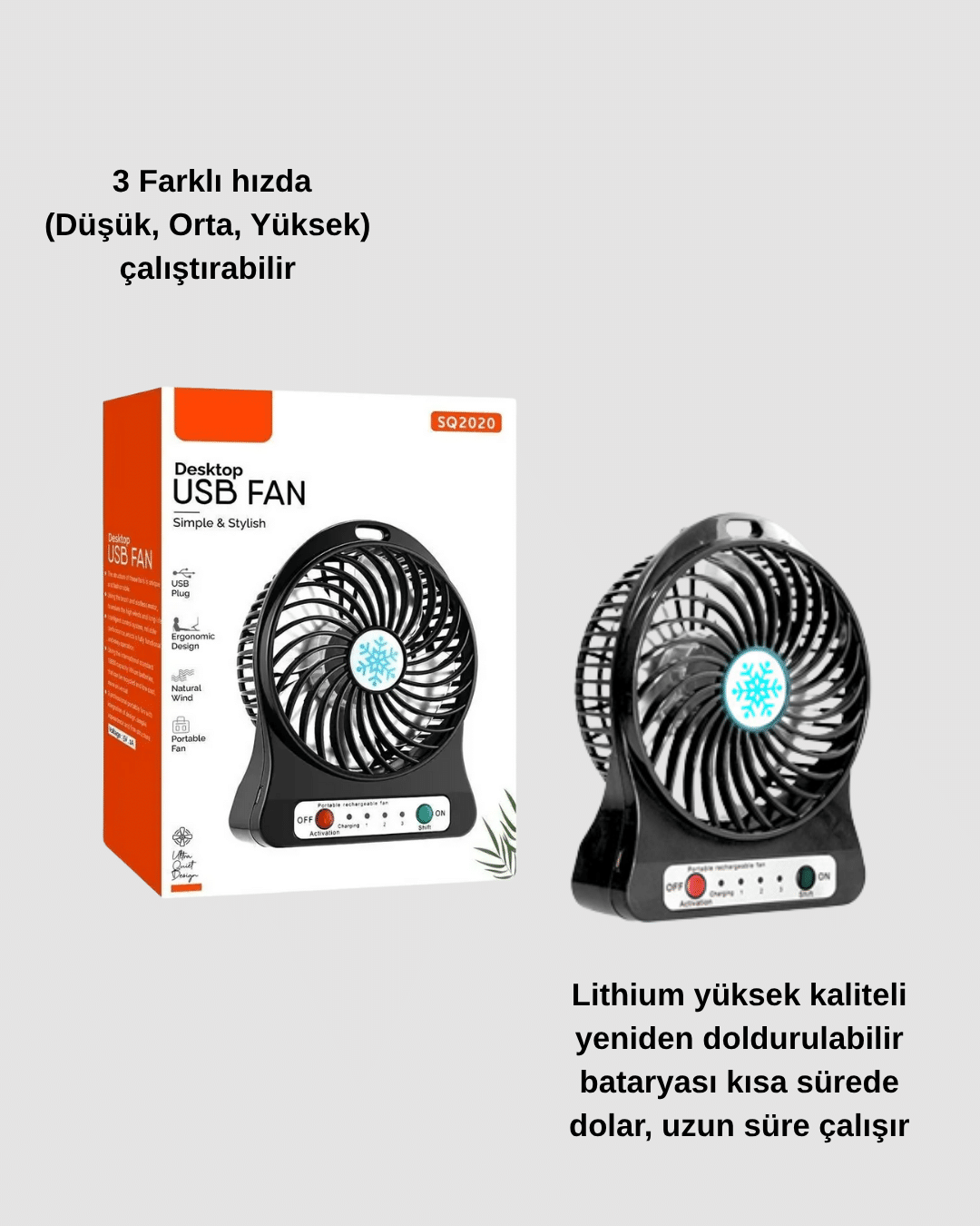1214393_8-8.png Mini Vantilatör Masaüstü – USB Girişli, Şarjlı, 3 Kademe, Sessiz Motor, Işıklı - Görsel 3