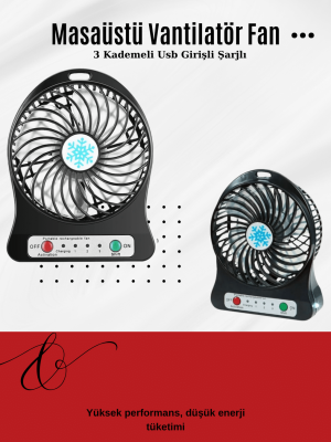USB Girişli Taşınabilir Masaüstü Mini Fan – 3 Kademeli Hız, Şarjlı, Işıklı, Sessiz Çalışma