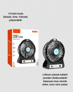 USB Girişli Taşınabilir Masaüstü Mini Fan – 3 Kademeli Hız, Şarjlı, Işıklı, Sessiz Çalışma - Görsel 3