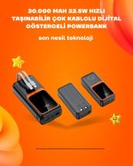 Powerbank 20000 mAh | 22.5W Hızlı Şarj, Dahili Kablolu, LCD Ekranlı Şarj Cihazı