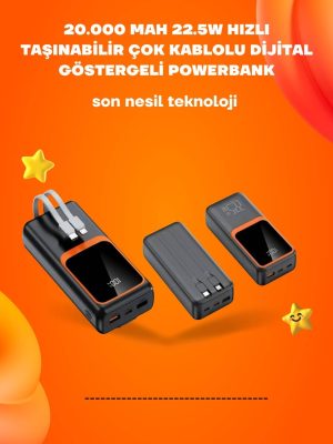 Powerbank 20000 mAh | 22.5W Hızlı Şarj, Dahili Kablolu, LCD Ekranlı Şarj Cihazı