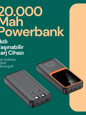 Taşınabilir Şarj Cihazı 20000 mAh | 22.5W Hızlı Şarj + Dijital Ekran + Kablo Dahil