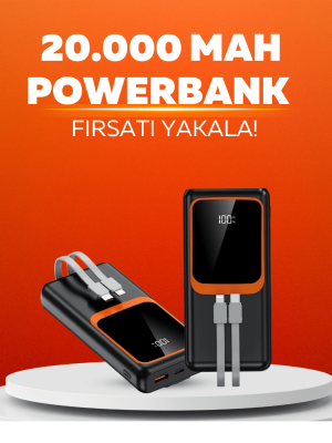 20.000 mAh Powerbank – 22.5W Hızlı Şarj, Çok Kablolu, Dijital Göstergeli