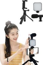 Tripod Telefon Tutucu Kumandalı Mikrofon Led Işık Vlog Video Kayıt - Görsel 4