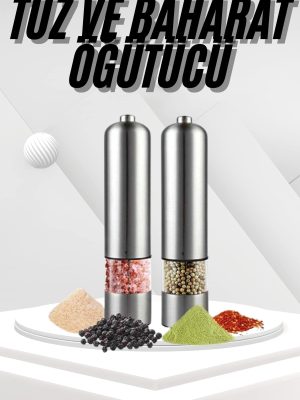 Pilli Tuz Ve Karabiber Öğütücü Baharat Değirmeni Tuzluk Pilli Işıklı Gri