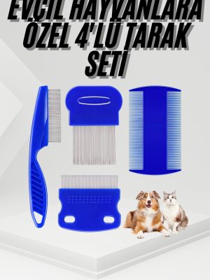 4'lü Bit Pire Tarağı Set Kedi Köpek Evcil Hayvan Tüy Toplayıcı Mavi