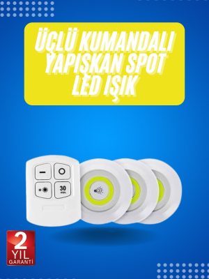 Yapışkanlı 3'lü Spot Led Işık Lamba Montajsız Pilli Uzaktan Kumandalı