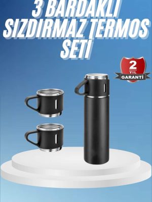 Termos Paslanmaz Çelik Termos Siyah Renk 3 Bardaklı Termos Seti