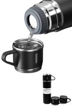 Termos Paslanmaz Çelik Termos Siyah Renk 3 Bardaklı Termos Seti - Görsel 4