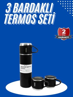 Termos Seti 3'lü Bardak Seti Isı Dayanıklı Siyah Paslanmaz Çelik Vakumlu