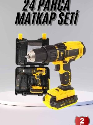 Profesyonel Çift Bataryalı Akülü Vidalama Şarjlı Matkap 24 Parça