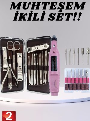 Elektrikli Manikür Pedikür Seti İkili Set 12 Parça Tırnak Bakımı Törpü Protez Çıkarma
