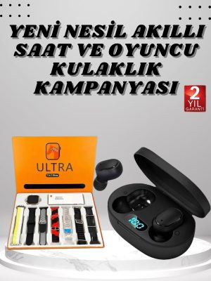 Dijital Göstergeli Kulaklık ve 7 Kordonlu Akıllı Saat Android ve İOS Uyumlu Uyku Takibi Sesli Görüşme