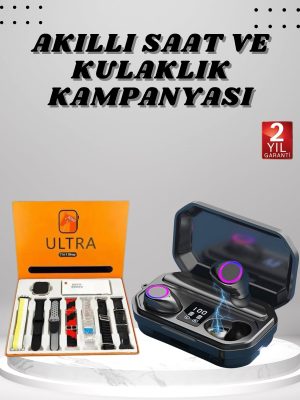 Yeni Nesil Akıllı Saat ve Bluetooth Kulaklık Kampanyası Dijital Göstergeli Powerbankli