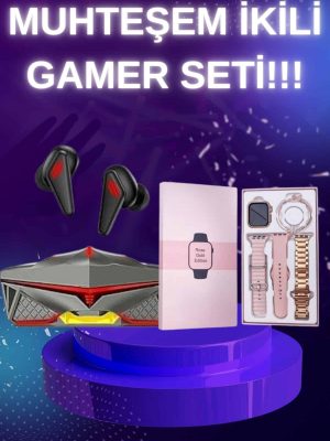 Yeni Nesil Pembe Dokunmatik Ekran Akıllı Saat ve Oyuncu Kulaklığı Kablosuz Bluetooth Kulaklık