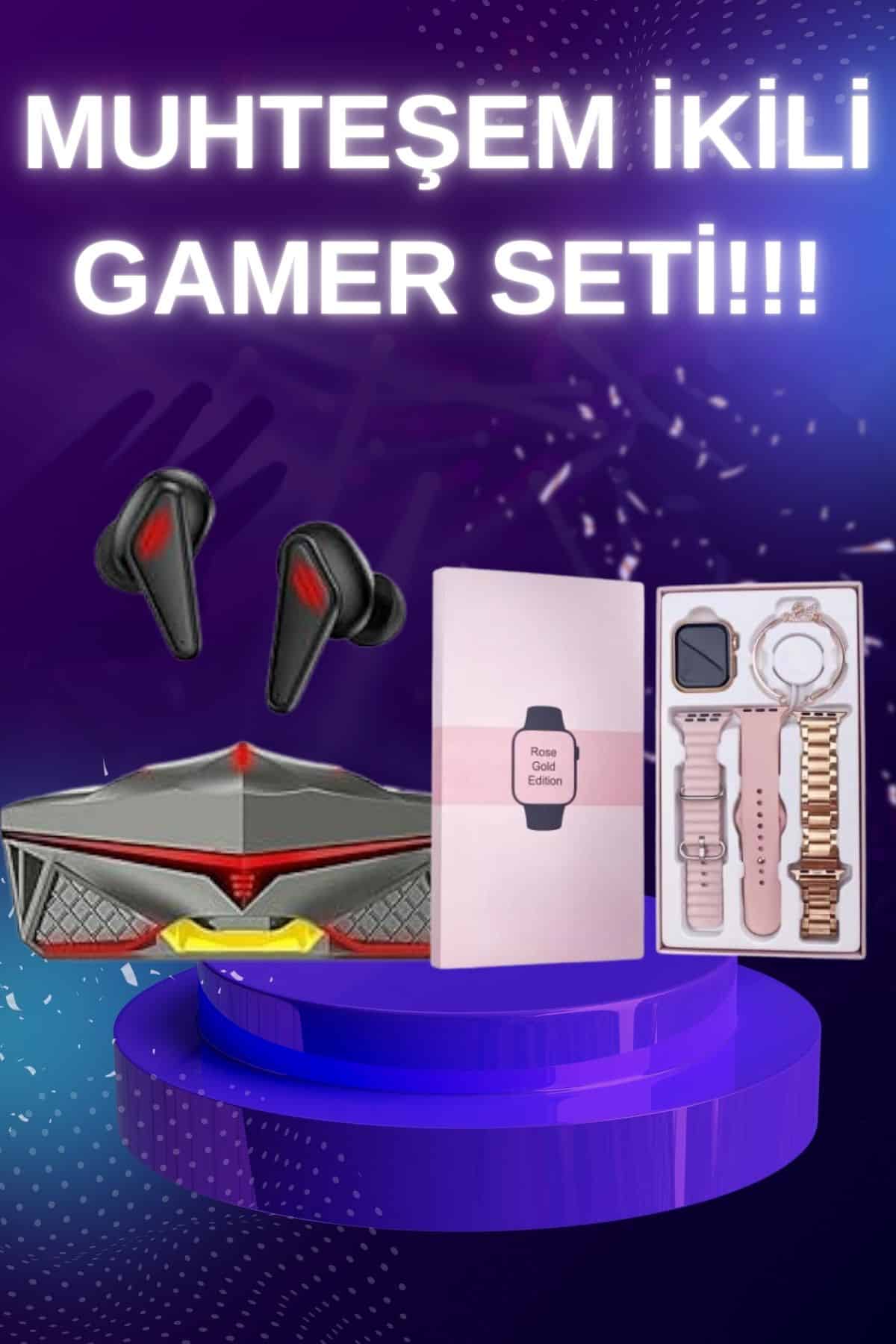 1215659_1-50.jpg Yeni Nesil Pembe Dokunmatik Ekran Akıllı Saat ve Oyuncu Kulaklığı Kablosuz Bluetooth Kulaklık - Görsel 1