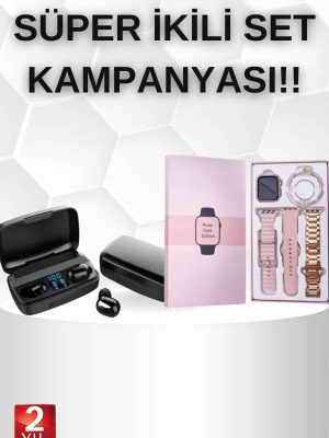 Wireless Şarjlı Pembe Akıllı Saat ve Kablosuz Bluetooth Kulaklık Dokunmatik Kontrol